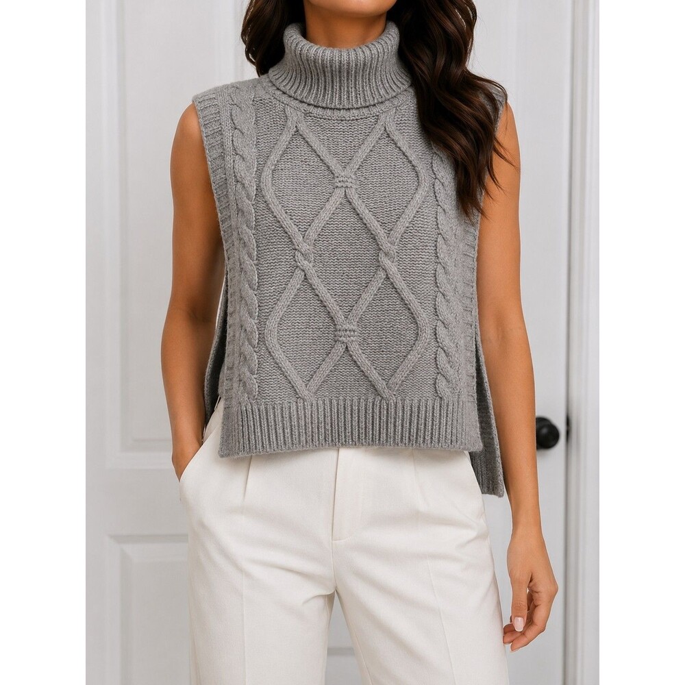 Primark Cares Gray Cable Knit Sleeveless Turtleneck Sweater Vest Open Side Layer